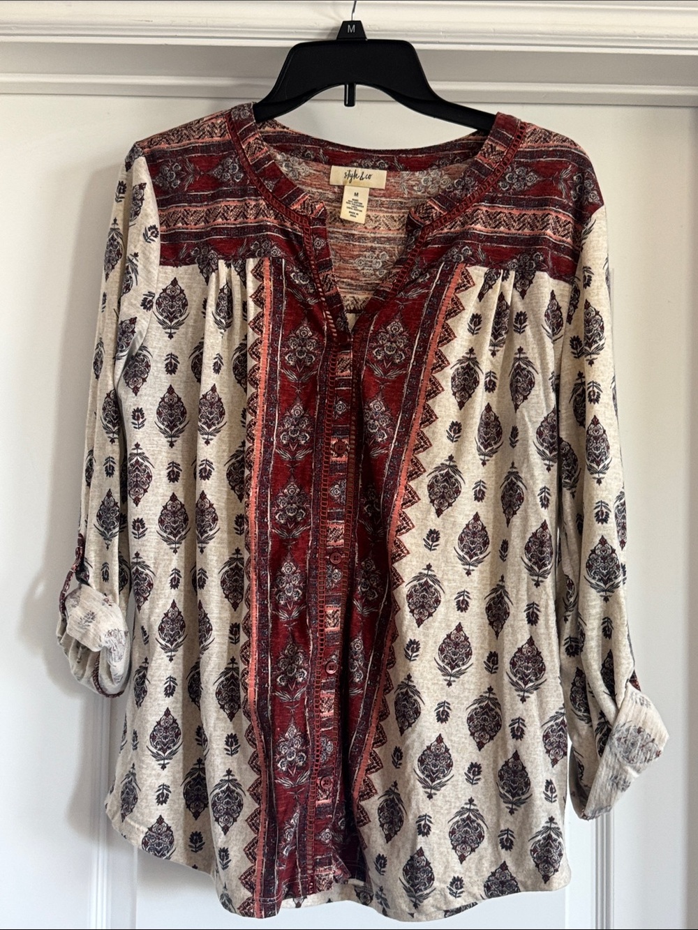 Style & Co. Cream Tunic with Burgundy and Black Paisley Print